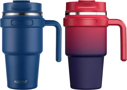 Vista 18 de Taza de café aislada de 20 onzas con asa, vaso de viaje de acero inoxidable con tapa y popote, taza térmica de doble pared al vacío a prueba de Negro