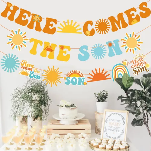 Vista 8 de Cartel para baby shower con texto en inglés «Here Comes The Son» «Here Comes The Sun», decoración para baby shower, 3 piezas, decoración de fiesta