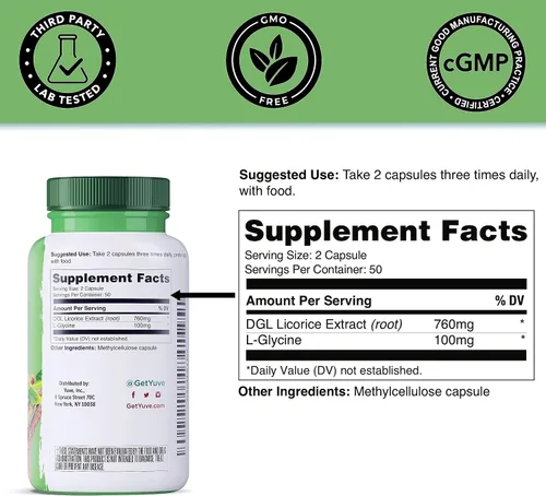 Vista 4 de Yuve Regaliz vegano DGL 760 mg – Suplemento de cápsulas de raíz de regaliz desglicirricinadas ultra puras – Apoya el estómago, el intestino