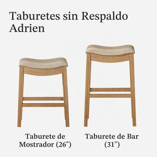 Vista 6 de Maven Lane Adrien Taburete de bar sin respaldo – Asiento de sillín de 31 pulgadas con reposapiés – Estructura de madera maciza color marrón