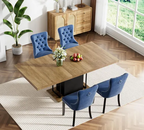 Vista 82 de Juego de mesa de comedor extensible marrón de 63 a 78.74 pulgadas para 4, juego de mesa de comedor de 5 piezas con 4 sillas, mesa de cocina