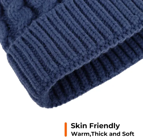 Vista 2 de Gorro tejido suave de invierno para mujer con borla de piel sintética, cálido, con diseño de calavera Cozy Lined_Denim Azul