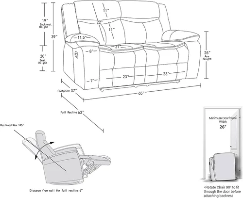 Vista 3 de Blackjack Furniture Marsden - Sofá biplaza reclinable de cuero moderno para sala de estar, gris plomo