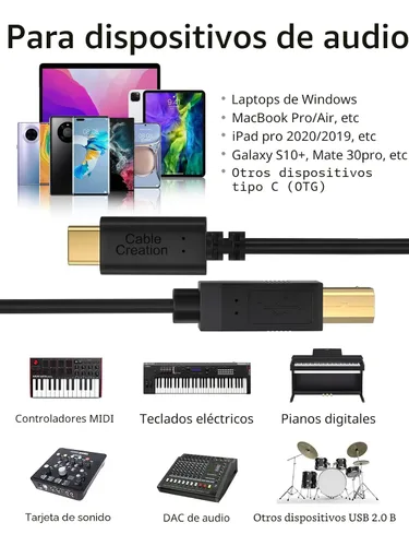 Vista 7 de CableCreation Cable de impresora USB C a B de 3.3 pies, escáner y cable MIDI para piano digital Yamaha Casio, controlador DJ, 1 M, negro