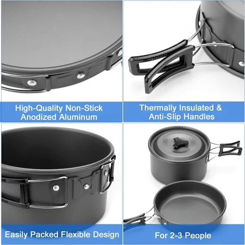 Vista 8 de Odoland Kit de utensilios de cocina para camping, olla ligera con 2 tazas, kit de cuchara de tenedor de acero inoxidable, gris para mochileros
