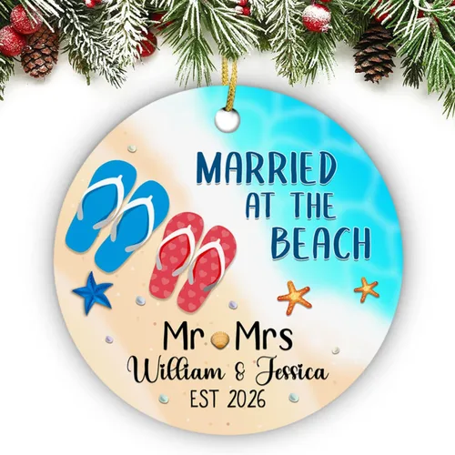 Vista 22 de Just Married - Regalo de recuerdo para recién casados, adorno de boda personalizado en la playa con nombres y fecha