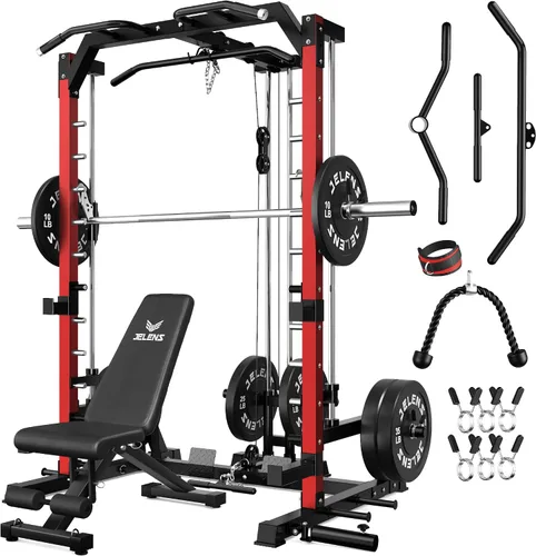 Vista 22 de JELENS SR01 Smith Machine, jaula de potencia multifunción de 2000 libras con sistema de extracción LAT, estante para sentadillas todo en uno