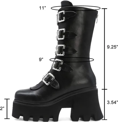 Vista 5 de YIYA - Botas de combate a media pantorrilla con estoperoles para mujer, botas de plataforma góticas negras, botines de plataforma con hebilla