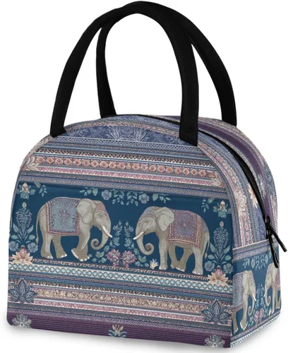 Vista 30 de Bolsa de almuerzo reutilizable con diseño de panal de abeja vintage, con bolsillo frontal, cierre de cremallera, bolsa térmica térmica
