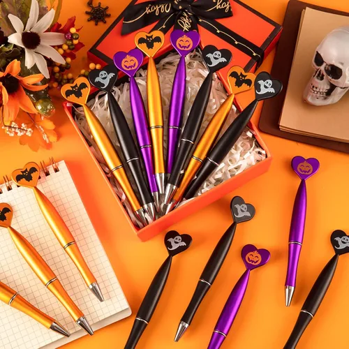 Vista 2 de 48 bolígrafos de Halloween, calabaza, fantasma, murciélago. Bolígrafo retráctil de tinta negra de 0.039 in para Halloween, suministros de fiesta