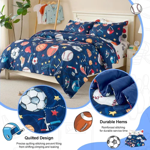 Vista 2 de Juego de edredón deportivo de 7 piezas para niños, suave y esponjoso, juego de ropa de cama de béisbol, tamaño individual con diseño de fútbol 3D