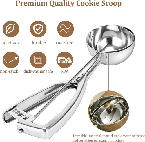 Vista 6 de Juego de 3 cucharas de galletas para hornear – Cuchara de helado de acero inoxidable – Cuchara de helado con liberación de gatillo para melón Baller