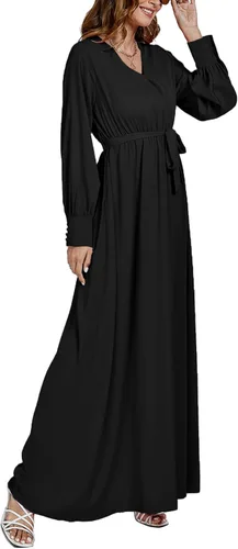 Vista 3 de LYANER Elegante vestido largo con cuello en V y cinturón de cintura y manga larga para mujer