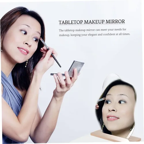 Vista 9 de Espejo de maquillaje de escritorio irregular con soporte, espejo de tocador plateado estético para mujer, diseño compacto con función de aumento