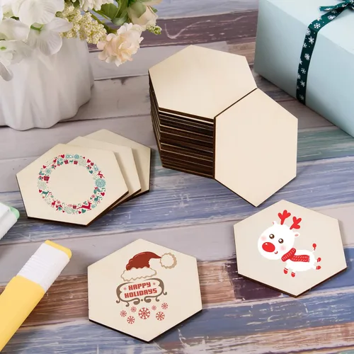 Vista 5 de 100 piezas de madera hexagonal sin terminar, recortes de madera en blanco con forma de hexágono, losas de madera natural, recortes