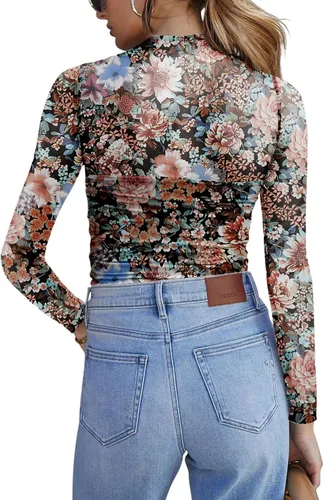 Vista 6 de Zeagoo Blusa de manga larga de malla para mujer, cuello alto, fruncido Estampado floral