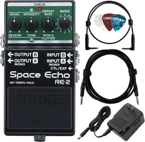 Vista 8 de Boss RE-2 Space Echo Delay and Reverb Effects Bundle con cable de instrumento Gearlux, cable de conexión y púas