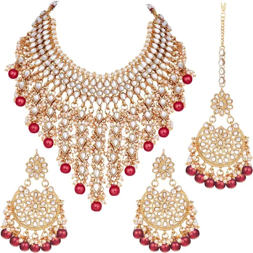 Vista 16 de Aheli Elegant Wear - Gargantilla con tachuelas Kundan de imitación con juego de Maang Tikka Azul