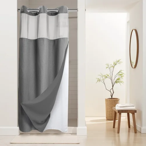 Vista 72 de Cortina de baño River Dream de gran peso sin ganchos necesarios con diseño de gofre punteado y forro a presión - 36W x 74H, de calidad hotelera