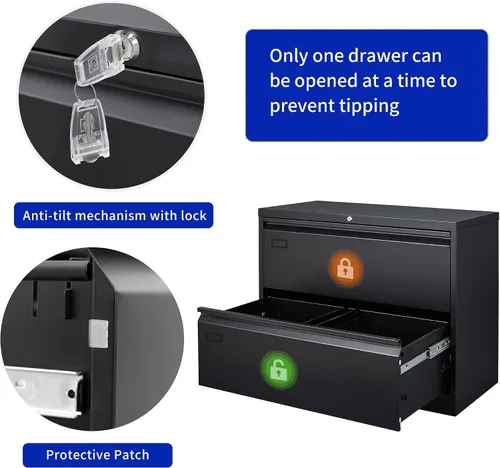 Vista 5 de Archivador de 2 cajones, archivador lateral negro con cerradura, archivador de metal con cerradura para oficina en casa, archivadores de oficina