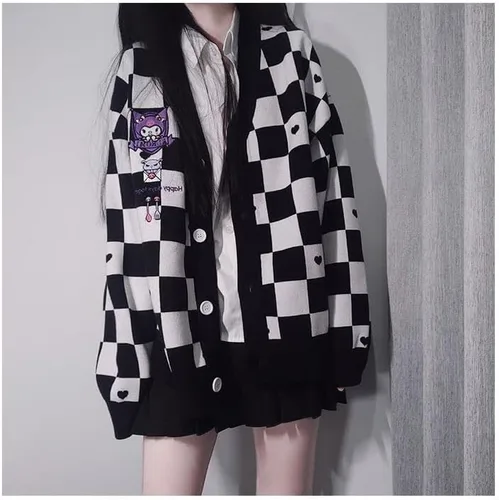 Vista 4 de Suéter Kawaii de anime a cuadros para mujer disfraz de cosplay con cuello en V manga larga