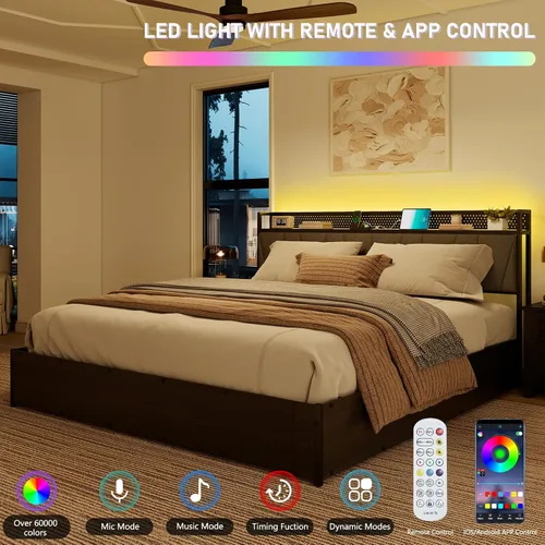 Vista 4 de LUXOAK Marco de cama de almacenamiento elevable tamaño King con luces LED, cabecera tapizada de lino con estación de carga, marco de cama de Negro