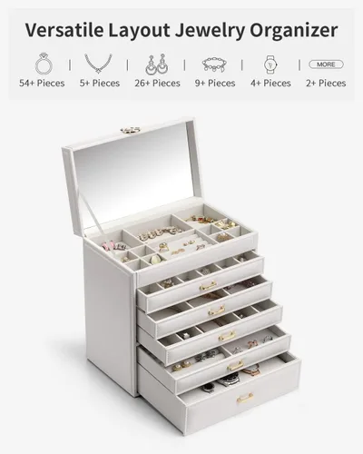 Vista 2 de Vlando Organizador grande de joyero, organizador de joyas de 6 capas, de piel sintética, collar y aretes, almacenamiento para mujeres, Navidad, Año