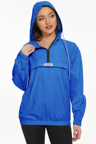 Vista 5 de OSTOO Chaqueta impermeable ligera para mujer, para correr, ciclismo, con capucha, para senderismo, rompevientos