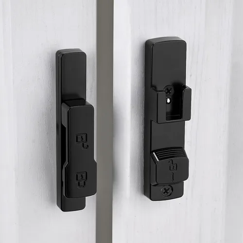 Vista 7 de INIRET Cerradura de puerta de granero negra de 180 grados, cerradura de puerta abatible, cerradura de puerta de aleación de zinc, protege