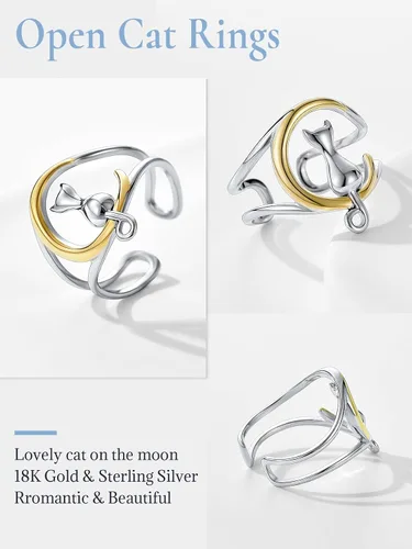 Vista 7 de SILVERCUTE Women Cat Ring 925 Sterling Silver 18K Gold Plated Cat on The Moon Cute Wrap Ring Adjustable