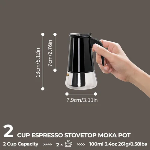 Vista 2 de 2 tazas de 3.4 fl oz Moka Pot de acero inoxidable, cafetera para estufa, cafetera italiana, estilo clásico, Greca Café, máquina de moca