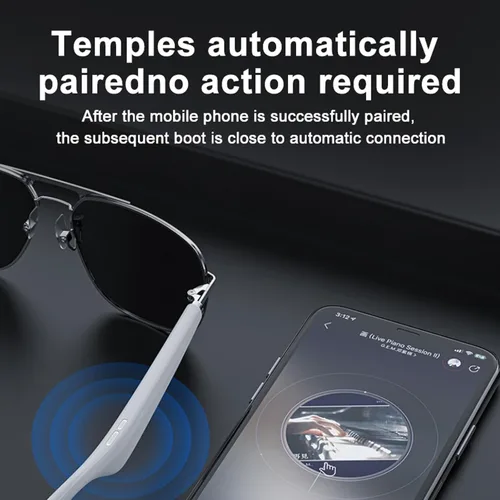Vista 3 de SkyGenius Lentes inteligentes con altavoz Bluetooth, marco de metal, protección UV, polarizados, luz azul, control de voz, lentes inteligentes