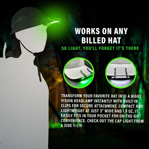 Vista 3 de MODERN NEEDS Luz de gorra de visión nocturna – Linterna compacta con clip alimentada por AAA Modos LED duales para acampar y cazar Linterna