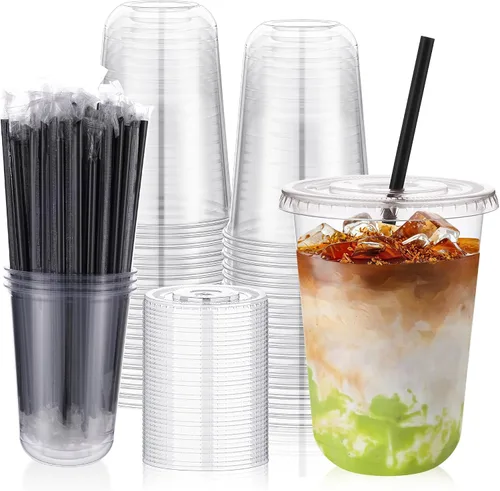 Vista 9 de tchrules Juego de 50 vasos de plástico negro de 16 onzas con tapas y pajitas, vaso de café helado desechable con tapa, vasos de plástico de fondo