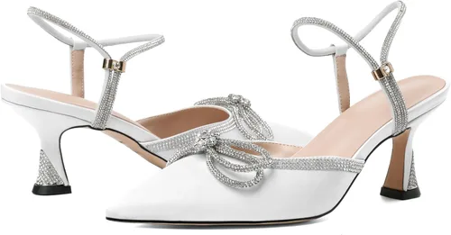 Vista 4 de Joseywade Tacones de lazo con diamantes de imitación para mujer, tacón bajo puntiagudo, correa de tobillo ajustable, zapatos de fiesta nupcial