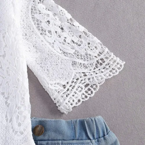 Vista 5 de Pivanzore Conjunto de ropa para bebé niña con encaje blanco ahuecado de manga larga + pantalones de mezclilla rasgados