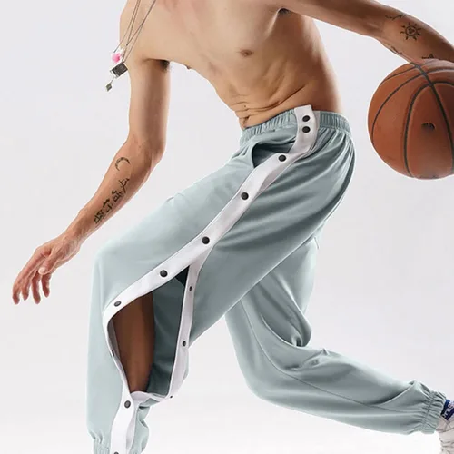 Vista 2 de Pantalones de deporte sueltos para hombre, con botones a presión, pierna abierta, baloncesto, deportes, cirugía, pantalones holgados con bolsillo