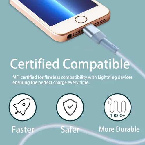 Vista 5 de Cable USB A a Lightning: 6 pies, paquete de 3 cables de carga rápida TPE para iPhone 14 Pro Max/13 Pro Max/12Pro/11 Pro Max/XS/XR/8/7/6S Plus iPad