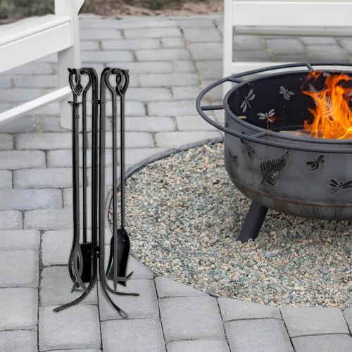Vista 8 de Plow & Hearth Juego de 5 herramientas compactas de hierro forjado a mano para chimenea de 27.5 pulgadas Mango de hierro forjado negro