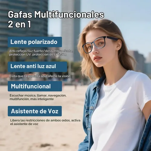 Vista 2 de Quaoar Lentes de audio Bluetooth inteligentes con doble altavoz, micrófono de oído abierto, disparo remoto, asistente de voz para mujeres/hombres