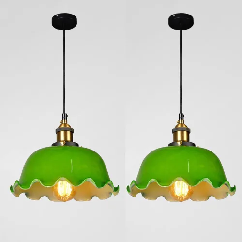 Vista 4 de 10.2in 2 Pack Large Pendant Lights, Nordic Retro Metal Lamp Head Ceiling Hanging Lighting with Green Glass Shade, Adjustable Cord E27/E26 Sockets
