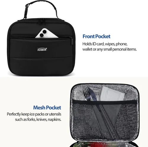 Vista 5 de Aosbos - Bolsa de almuerzo aislada para adultos - Elegante lonchera pequeña en sarga para trabajo, oficina - Bolsa de almuerzo suave y portátil