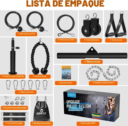 Vista 2 de Sistema de polea de cable de peso SERTT para gimnasio, accesorios actualizados de polea de cable para tracción LAT, flexión de bíceps, tríceps Negro