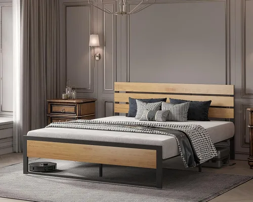 Vista 8 de BONSOIR Base de cama tamaño Queen con plataforma de acero estable con cabecero de madera/estribo, no necesita somier, fácil montaje, sin chirridos