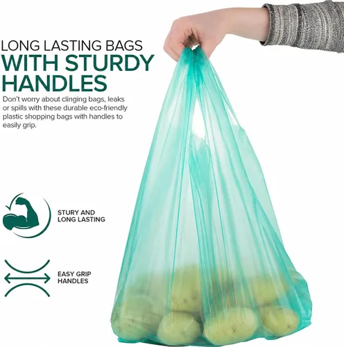 Vista 4 de Stock Your Home Bolsas de comestibles ecológicas desechables con asas, bolsa de camiseta de agradecimiento para supermercado, comestibles