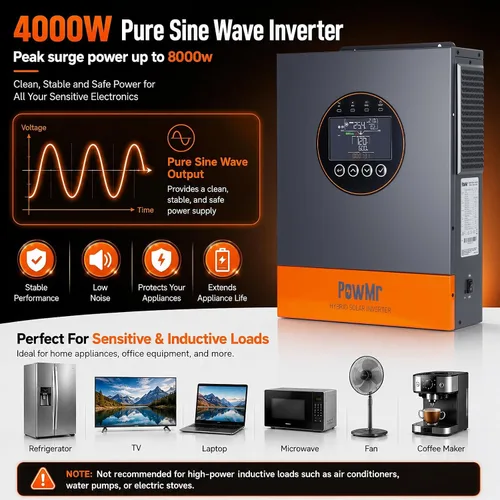 Vista 4 de PowMr Inversor solar híbrido de 4000 W, 24 V CC a 120 V CA, inversor de corriente de onda sinusoidal pura con controlador de carga MPPT de 100 A