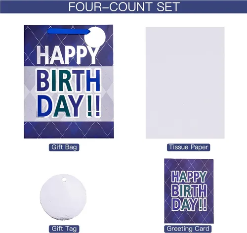 Vista 6 de Loveinside Bolsa de regalo a cuadros azul marino con texto en inglés «Happy Birthday» impresa, tamaño mediano con papel de seda, etiqueta, tarjeta