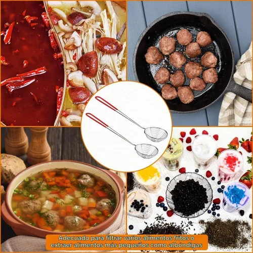 Vista 3 de Cuchara coladora de araña de acero inoxidable, 8 piezas, colador de alambre pequeño con mango para olla caliente, tortellini y albóndigas