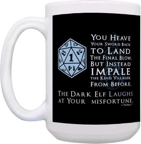 Vista 3 de Gaming Gifts D20 Dice Roll Critical Fail The Dark Elf Laughs Crit Fail Dados Taza Negro 15oz - Elfo Oscuro