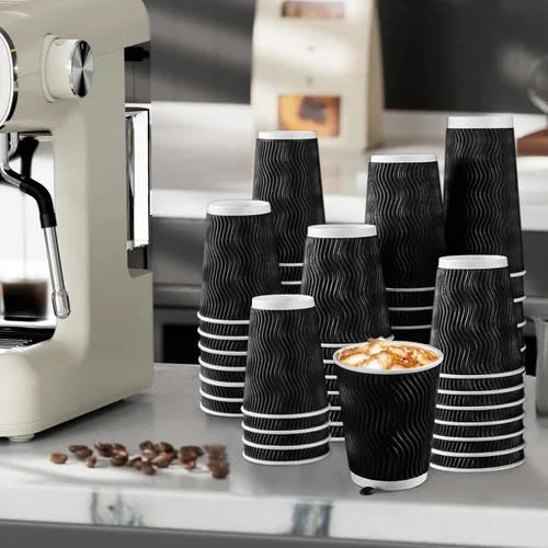 Vista 6 de Lamosi Vasos de café de 10 onzas – Paquete de 120, Vasos de Papel Corrugado Aislante Desechables de 10oz, Vasos de Pared Ondulada Kraft para Bebidas